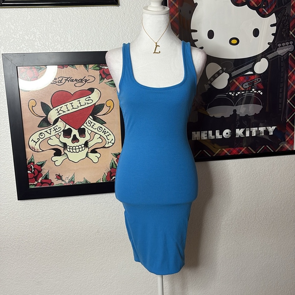 Love Tree Blue Ribbed Tank Mini Dress Bodycon Colorful Basics Sleeveless Casual